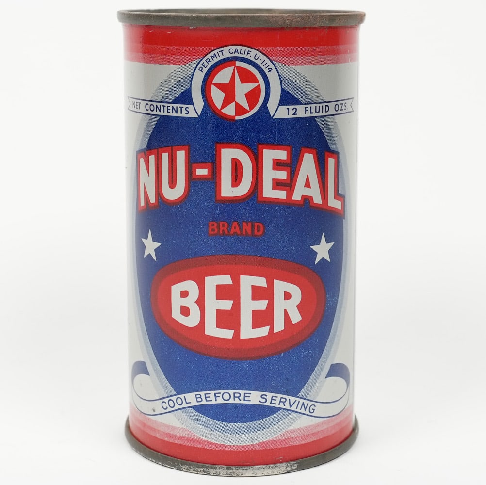 Nu-Deal Beer Instructional Flat Top U PERMIT 103-38 OI 581 SCARCE: Grace Bros. Brewing Co., Santa Rosa, California. American Can Co., 12 ounces, circa 1936. USBC 103-38, USBCOI 581. Scarce early Nu-Deal with the California U-permit above the star and “Patents P