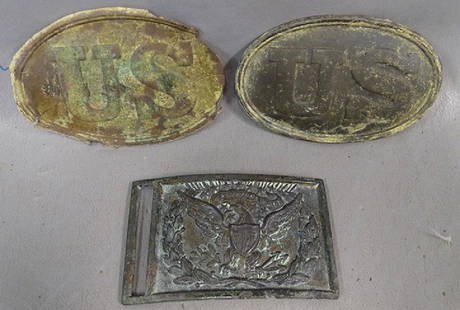 Civil War Belt Buckles: 3 Civil War belt buckles. 2 - U.S., 1 - eagle with shield. Estate Fresh.