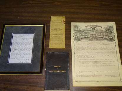 War Relatated Memorabilia: Group of war related paper memorabilia including G.A.R. personal war sketch memorial of Lt. William R. Porter, pension paper letter, plus 5 Civil War papers. Estate Fresh.