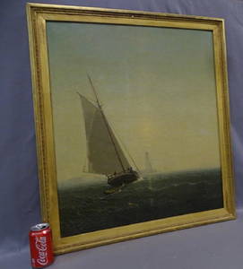 Sailing Ship with Light House Oil on Canvas