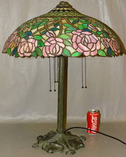 Gorham Leaded Lamp: Exceptional Gorham "rose" leaded lamp. With shade 21" wide.