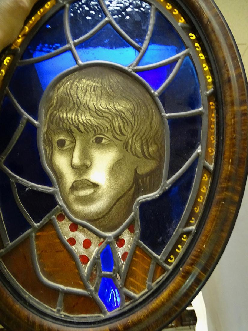 Leaded Window of George Harrison by Mollica: Original 1969 leaded window of George Harrison signed by stain glass artist Peter Mollica