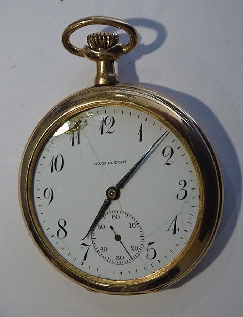 14k Gold Pocket Watch: Quality 14k open face pocket watch by Hamilton. Monogrammed "ROW" (Randall Walker). 2½" top to bottom. 73 grams total weight. Estate fresh. *We will only accept cash, check wire transfer, and certifi