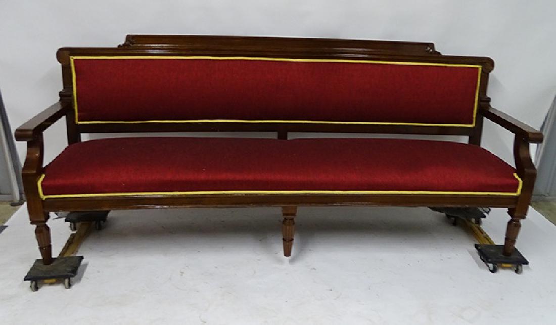 Lg 8' 4" Walnut Bench: Large 8' 4" walnut bench with reeded legs and fancy back . (Part 2 of Masonic Hall)