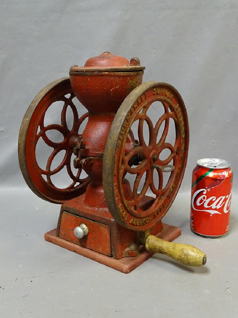 Miniature 12" Double Wheel Coffee Grinder: 1920 double wheel 12" coffee grinder with 8" wheels, Suffolk iron foundry's with iron drawer