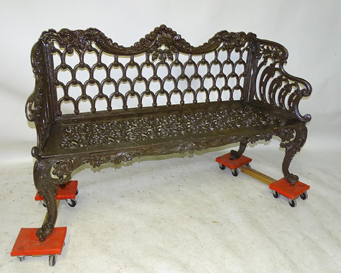 Extra Wide "White House" Cast Iron Bench: Double wide cast iron "white house" bench with repairs. 63" wide, 36" tall, 19" deep.
