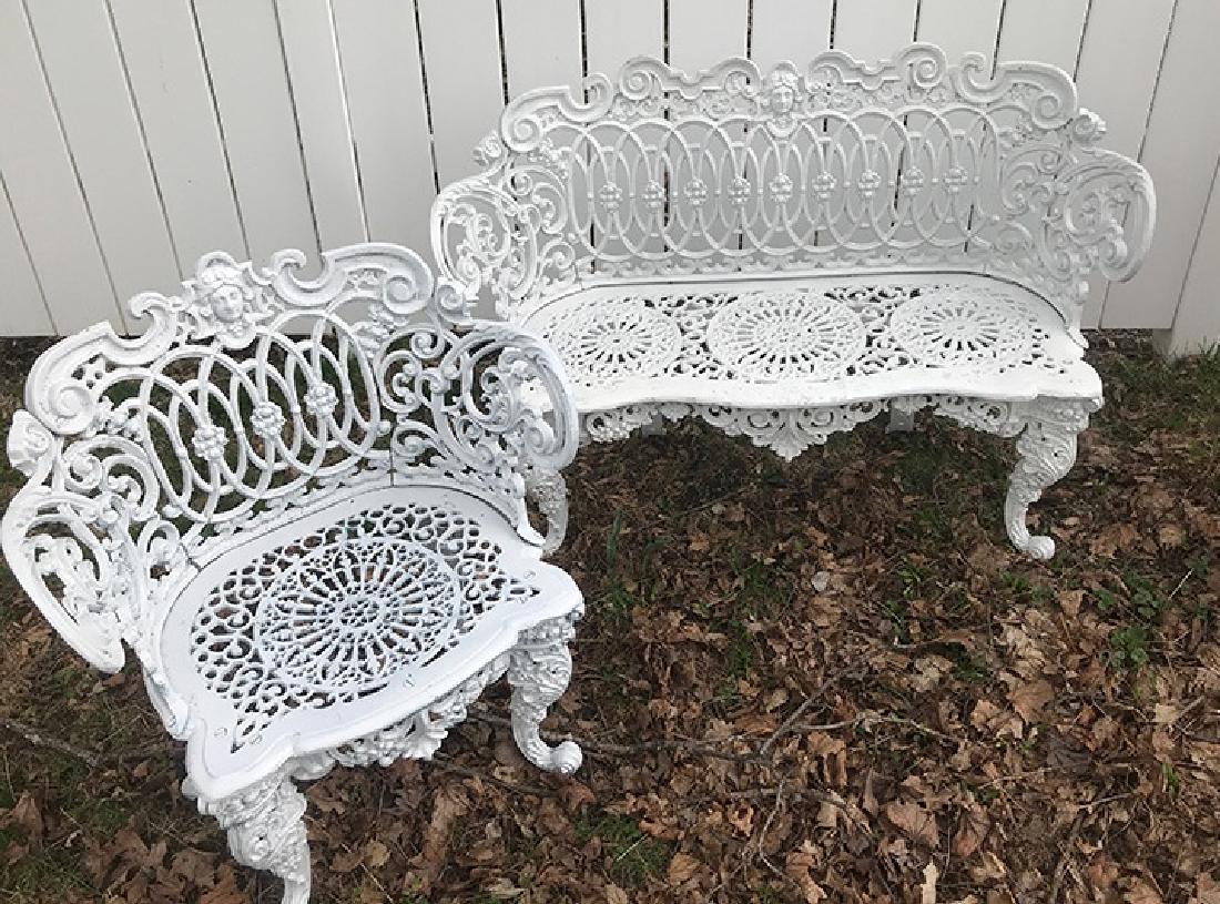 Cast Zinc Garden Bench: Cast zinc garden bench with Rococo design back and Jenny Lynn head. 43" wide, 30" tall, 14" deep. With matching chair 24" wide, 30" tall, 14" deep.