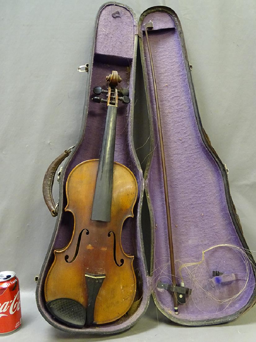 Violin and Bow in Case Signed Theodore Heinrich,: Theodore Heinrich violin in case as found in attic.