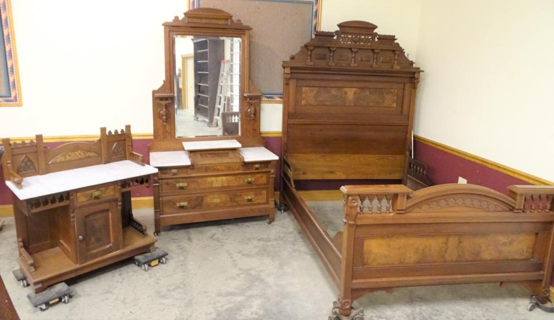 3 Piece Inlaid Victorian Bedroom Set: 3 piece inlaid Victorian marble top bedroom set. Dresser with slant top accessory compartment, full size bed, and commode with high back splash.