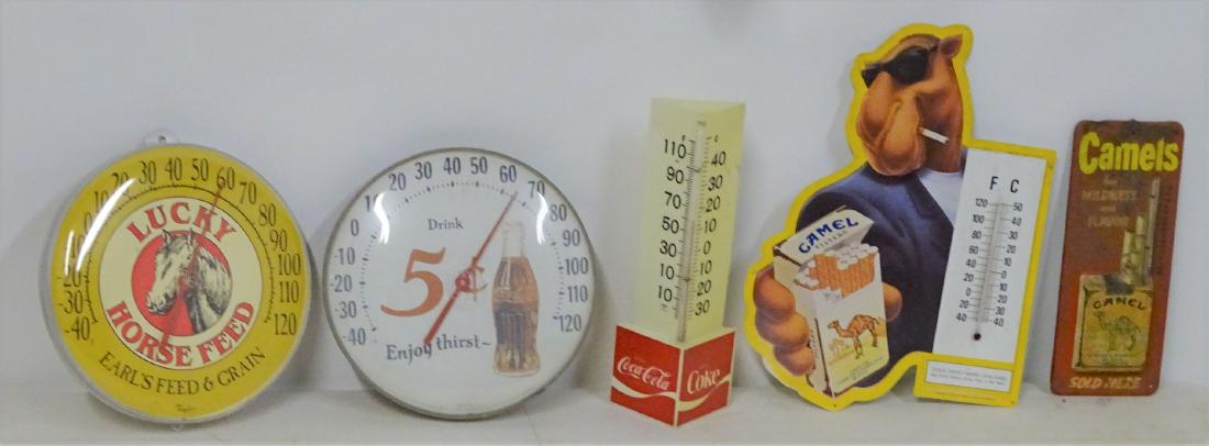 5 Vintage Advertising Thermometer: 5 vintage advertising thermometer including Coke, Camel, etc.