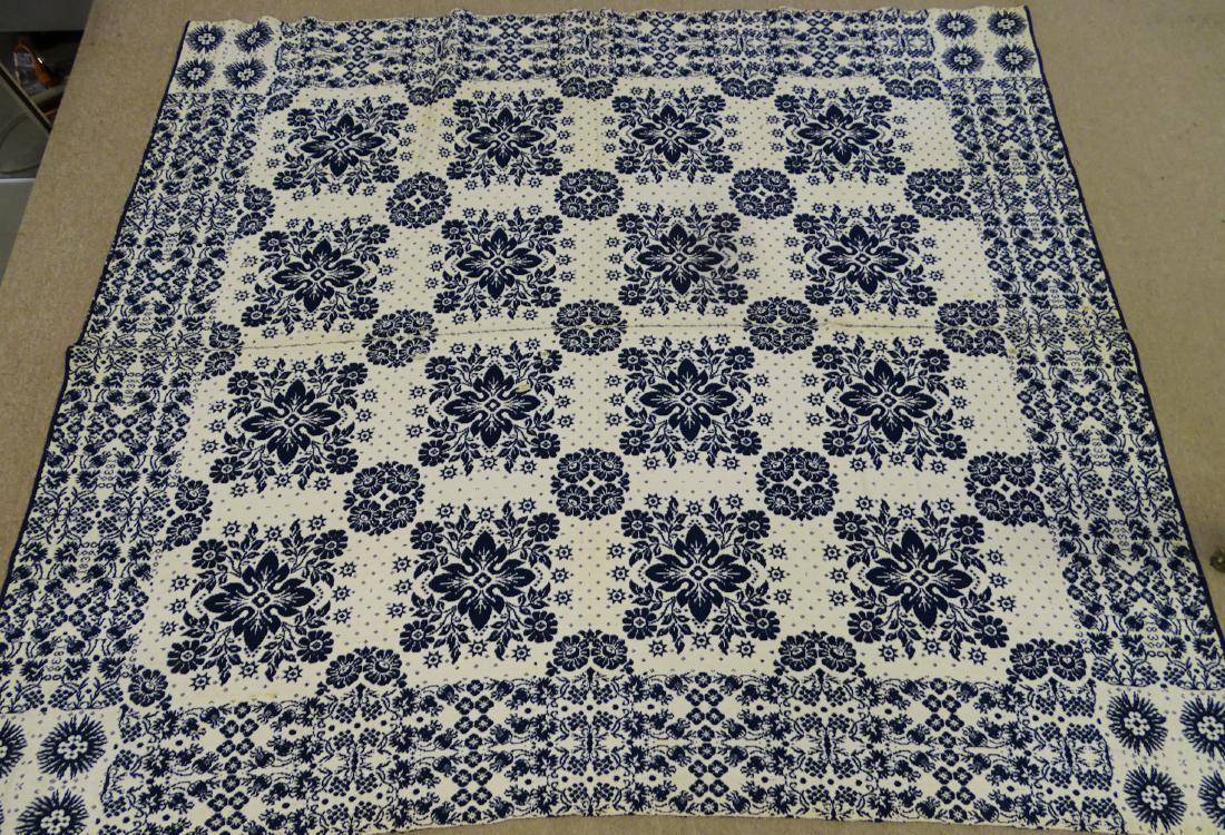 Dated 1839 Reversible Coverlet: Dated 1839 reversible coverlet in blue and white. 78" x 90"