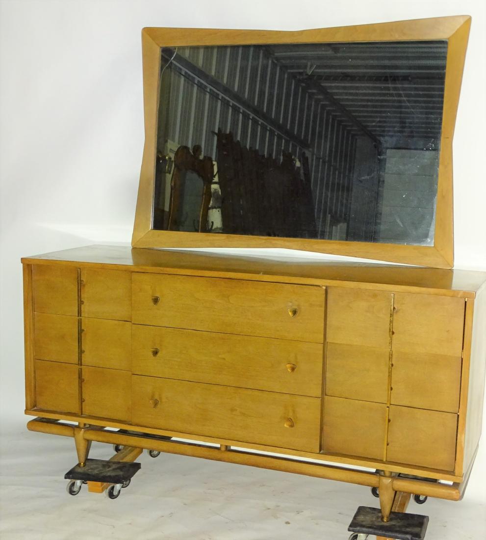 Mid-Century Kent-Coffey Dresser and Mirror: Signed Kent-Coffee dresser and mirror (the sequence). 64" wide, 20" deep