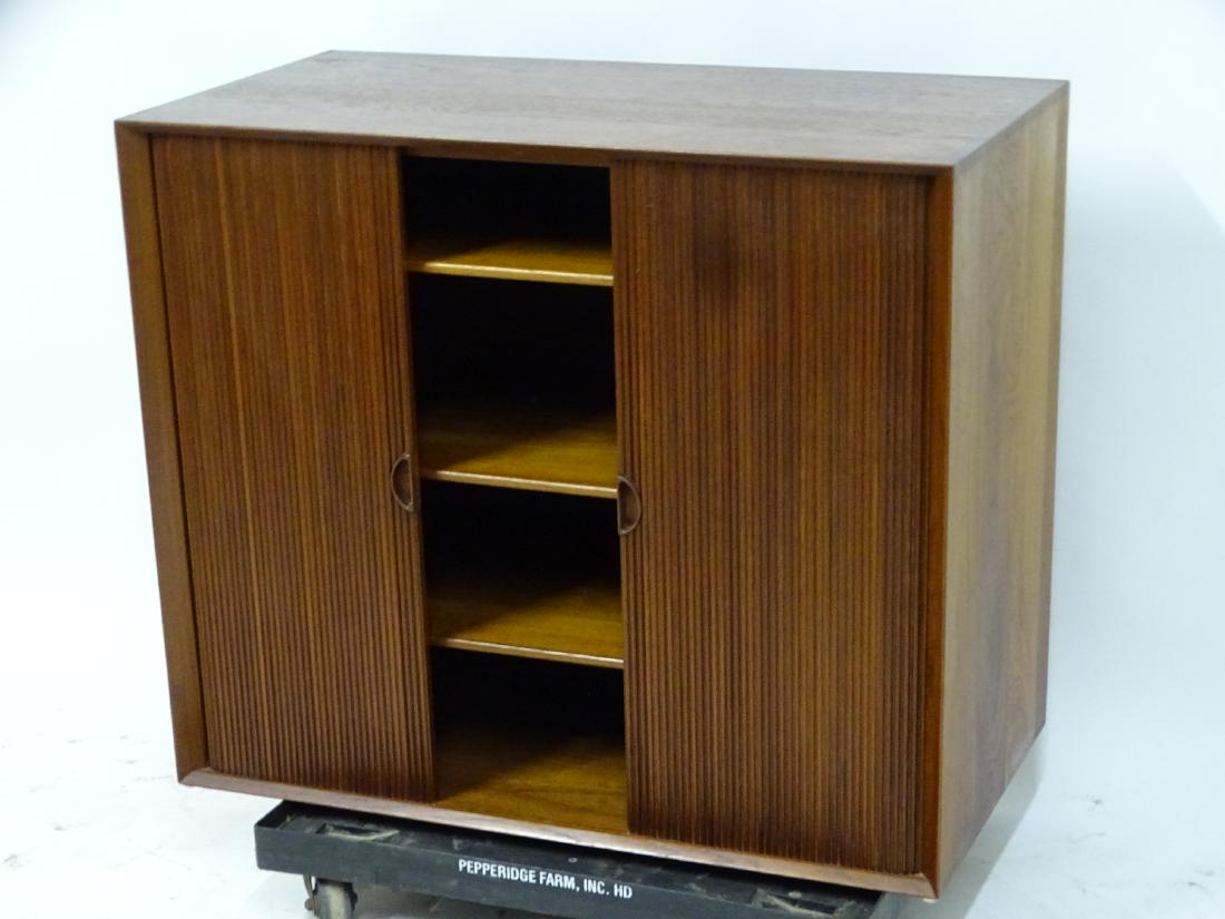 Danish Modern Teak Cabinet (Peter Hvidt): Danish modern teak cabinet with tambour doors with dovetailed case. Possibly by Peter Hvidt. 30" tall, 36" wide, 19" deep.