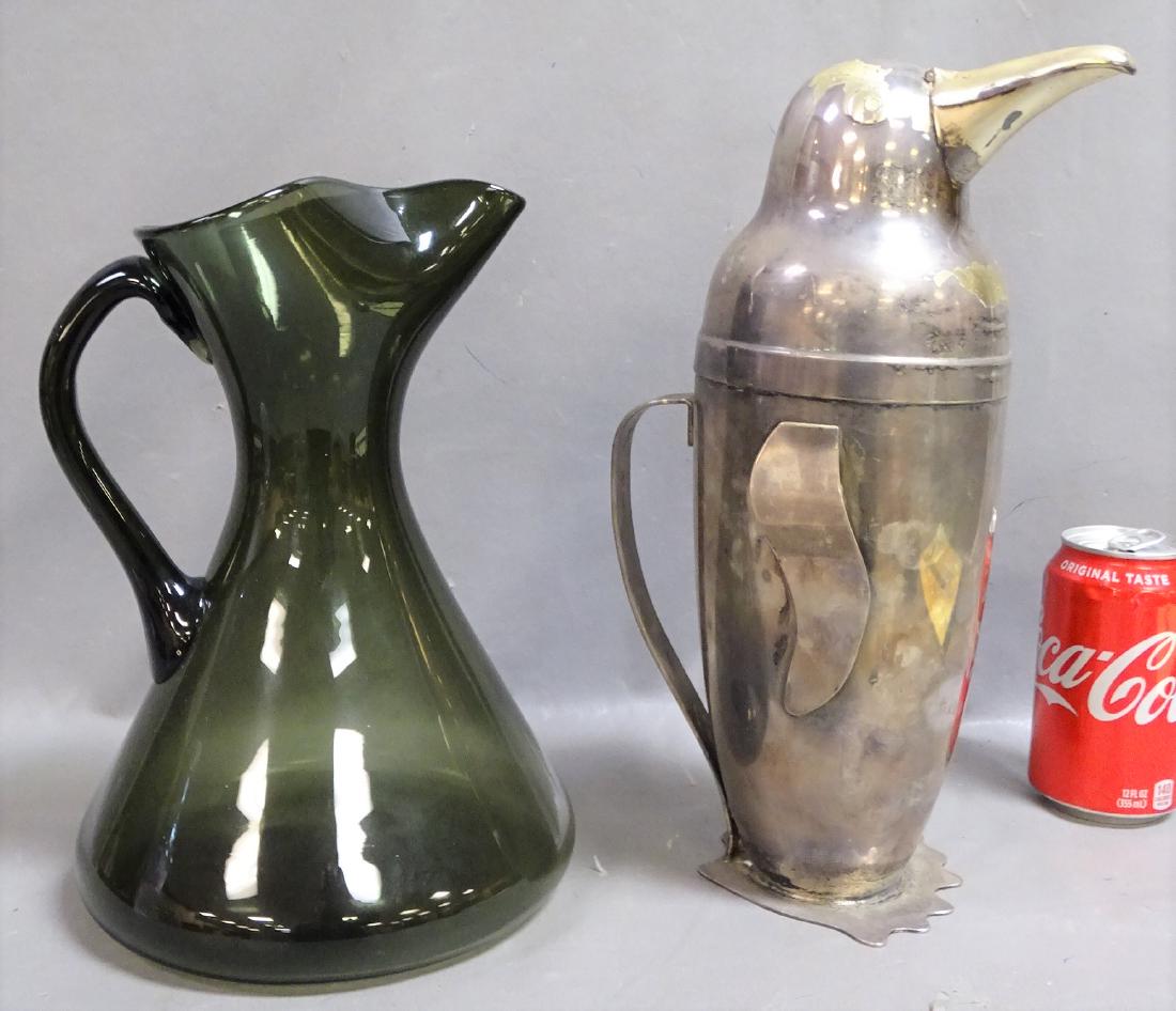 2 Mid-Century Penguin Shaker Signed Napier: Vintage Napier penguin cocktail 13" shaker and 11" hand blown pitcher with applied handle.
