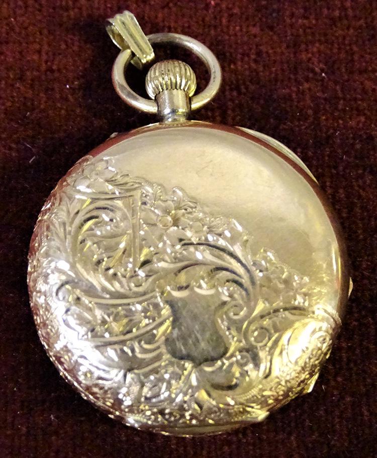 Sweet 14k Gold Pocket Watch: Nice pocket watch with fancy case and gold face (case marked Cuivre). Believed to be a repeater, button on top. Total weight 23.6 grams.