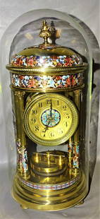 Spectacular CloisonnÃ© & Brass Clock: Exceptional enameled cloisonnÃ© and brass clock under dome. In extremely nice condition. 16" tall.