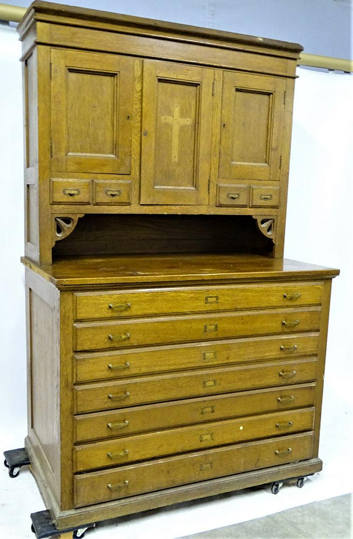 Large Oak 2 Piece Map Case: Large oak 2 piece map case with 7 large map drawers and stepback cabinet with drawers and doors in original finish. 82" tall, 53" wide, 31" deep.