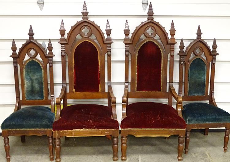 Set of 4 Walnut Throne Chairs: 4 walnut gothic throne chairs with (2) large arm chairs and (2) side chairs. Wood all good in original finish. Needs strapping on the bottom.