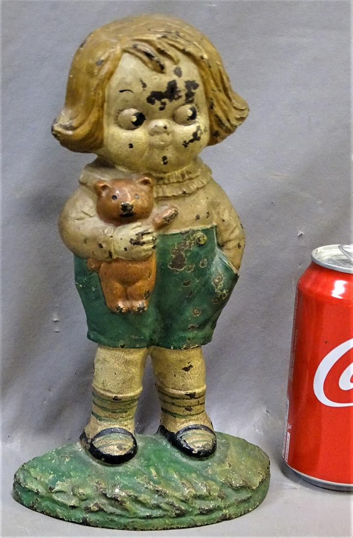 Original Paint Door Stop: Door stop of little girl and her teddy bear (Grace Drayton Hubley). 10" tall.