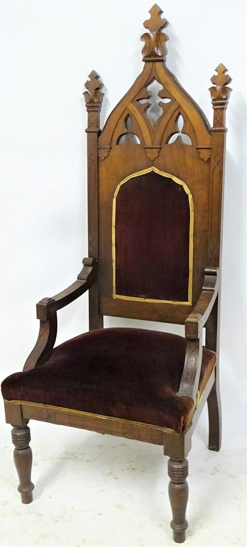 Walnut Gothic Throne Chair: Large walnut gothic throne chair with fancy finials. 65" tall, 25" wide, 25" deep.