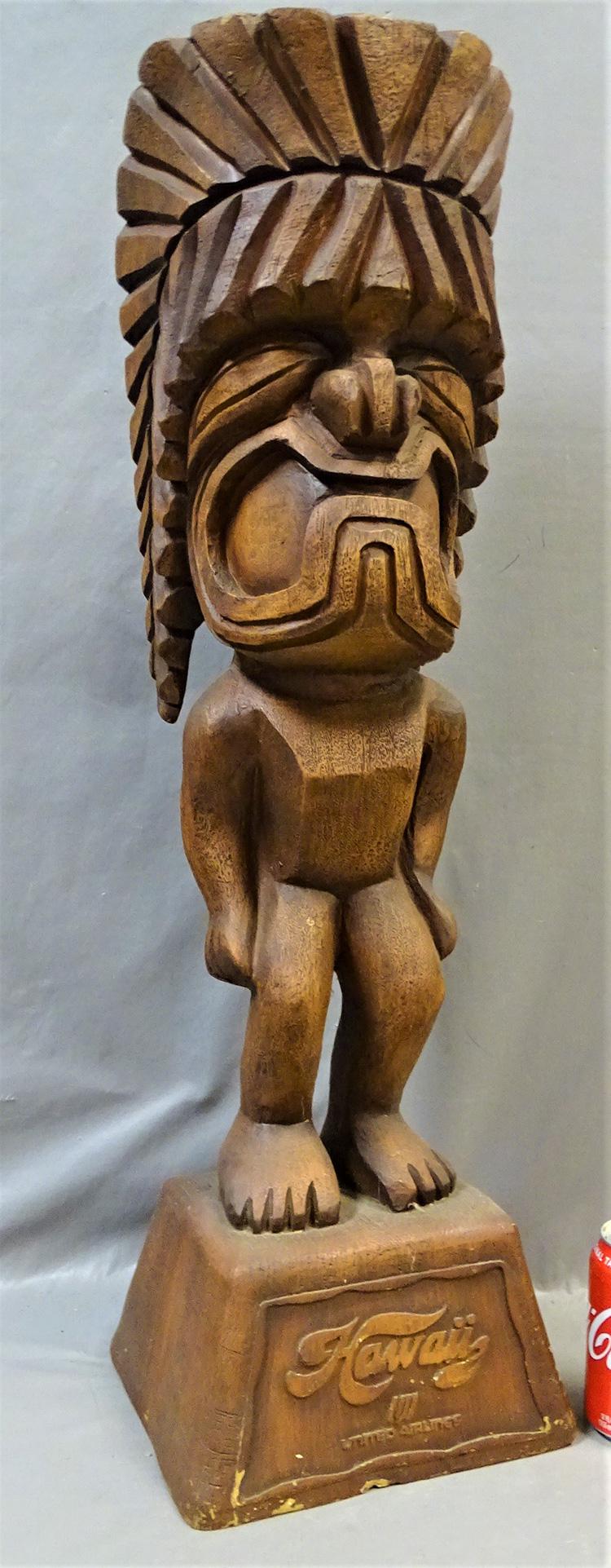 United Airlines Advertisement: Vintage Hawaii American Airlines advertisement made of wood grained composition (neat look). 31" tall.