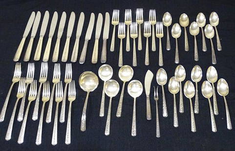 50 pc Towle Sterling Flatware Set: 50 piece Towle flatware sterling silver set. "Rambler Rose". 44.4 troy oz plus 11 weighted pieces.