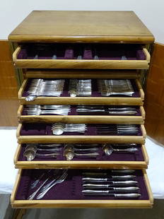 Lg Set of 800 Silver Flatware in Case: Lg set of 800 silver flatware in case. (155) pieces (not every compartment of the case is full). Marked 800 with Hallmarks approx. 143 troy oz plus 35 weighted pieces.