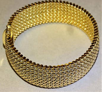 14k Gold mesh Style Bracelet: Heavy 8" long, 1" wide 14k gold bracelet. In excellent condition. Estate fresh. Weight 41.6g