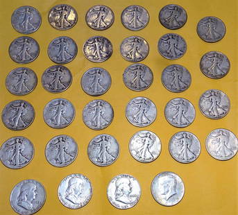 33 Silver Half Dollars: (33) estate half dollars. (29) Walking Liberty's, all legible except (2). (3) Franklins. (1) Kennedy.