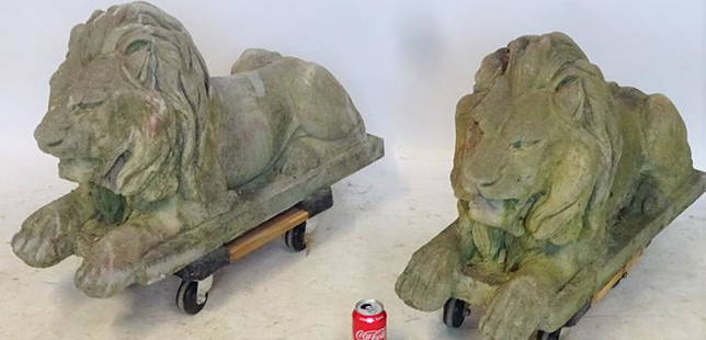 Pair of Vintage Concrete Lions: Pair of vintage concrete lions. In nice condition. 21" tall, 12" wide, 32" deep.