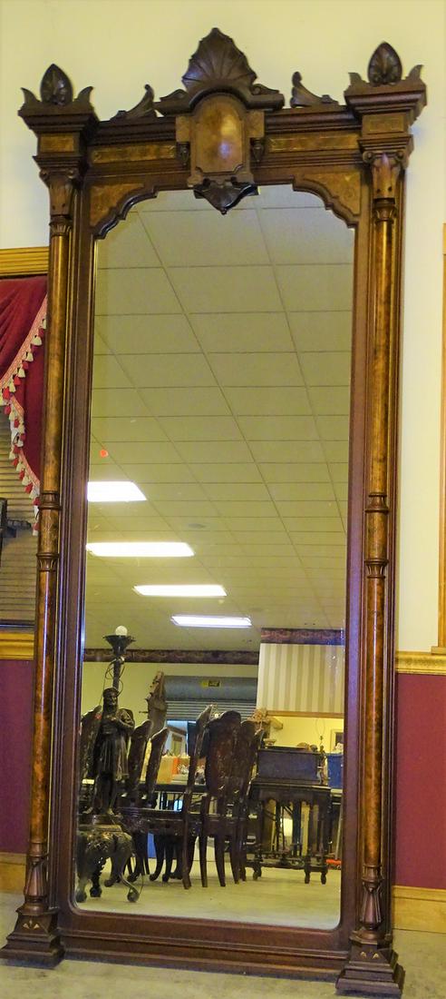 Lg Walnut Renaissance Pier Mirror: Massive 8' 10" fancy Renaissance pier mirror with carved crest and burled columns, gold incising. 106" tall, 43" wide, 8" deep.