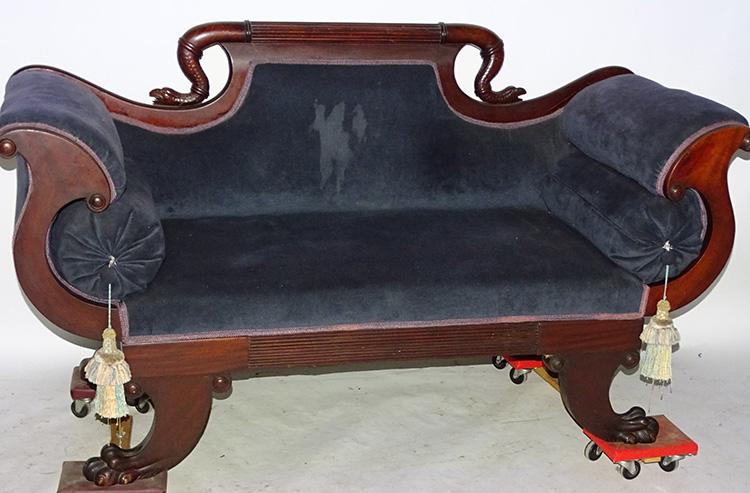 Federal Style Pillow Arm Loveseat: Diminutive Federal style pillow arm loveseat with claw feet and serpent carved back. 36" tall, 63" wide, 24" deep.