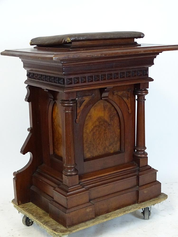 Gothic Walnut Podium: Gothic walnut podium with burled panels, columns, and adjustable top. In very nice condition. 39" tall, 33" wide, 23" deep.