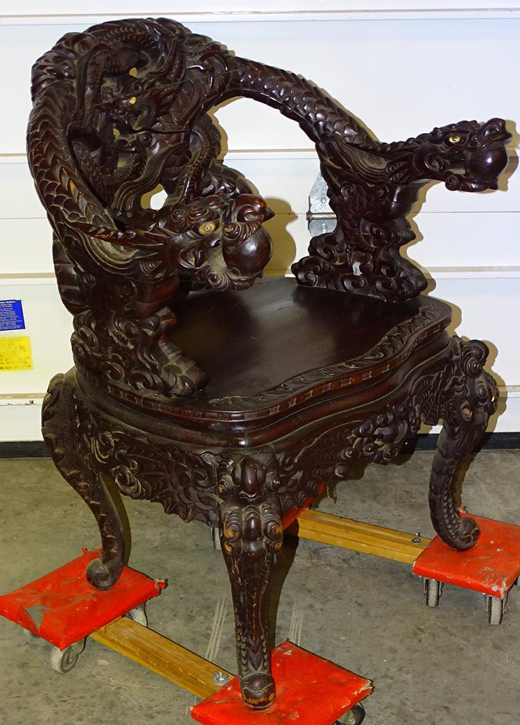 Oriental Heavily Carved Chair with Dragons (1 of 5)