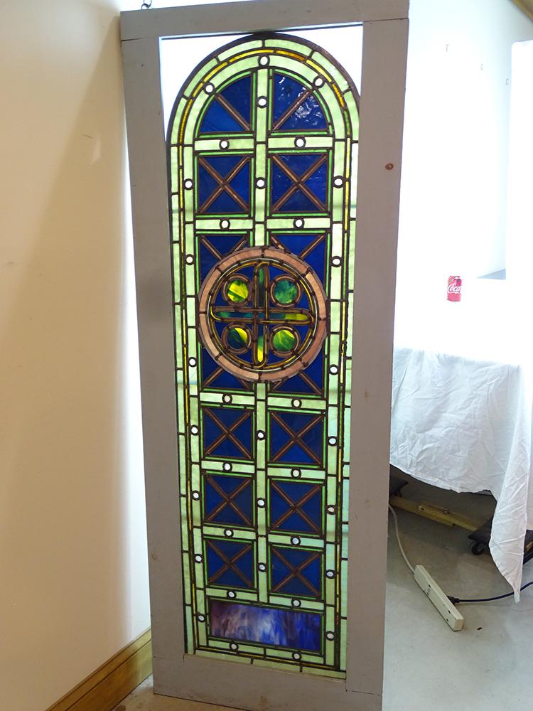 Arched Leaded Multi-Colored Leaded Window: Nice colorful arched multi-colored leaded window in blues, purples, etc. 58" tall, 17" wide (actual window size without the frame).