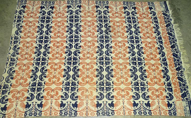 1843 Homespun Seneca County, Ohio: Great reversible 1843 homespun in red, blue and white with eagles by G. Schoch Thompson Seneca Country, Ohio. In nice condition. 64" wide, 92" long.