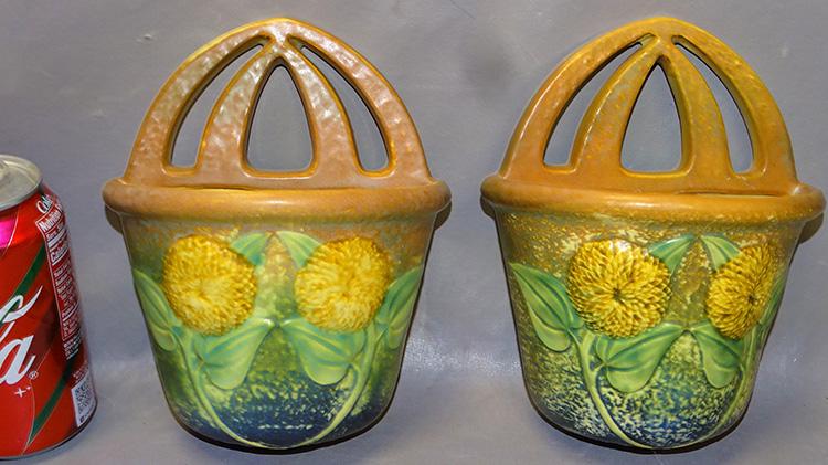 Pair of Sunflower Roseville Wall Pockets (1 of 2)