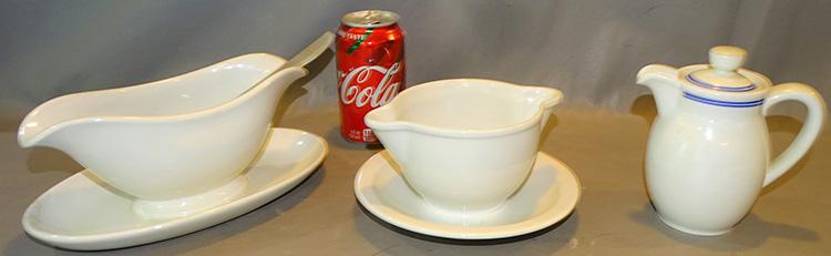 3 Pieces of Nazi Dishware: (3) pieces of Nazi dishware including a gravy tureen and pewter ladle (has a line in it), round gravy boot, and covered creamer (top has a chip).
