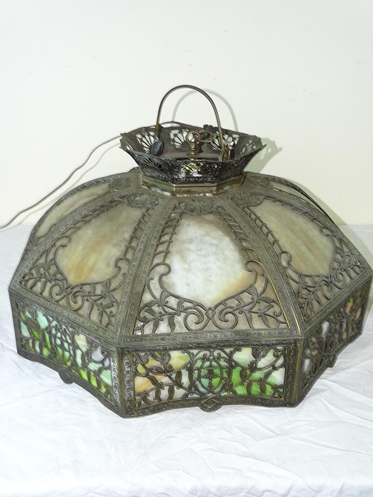 Large Antique 16 Paneled Dome: 16 panel dome with caramel slag top and green slag bottom. No light fixture. 22" wide.