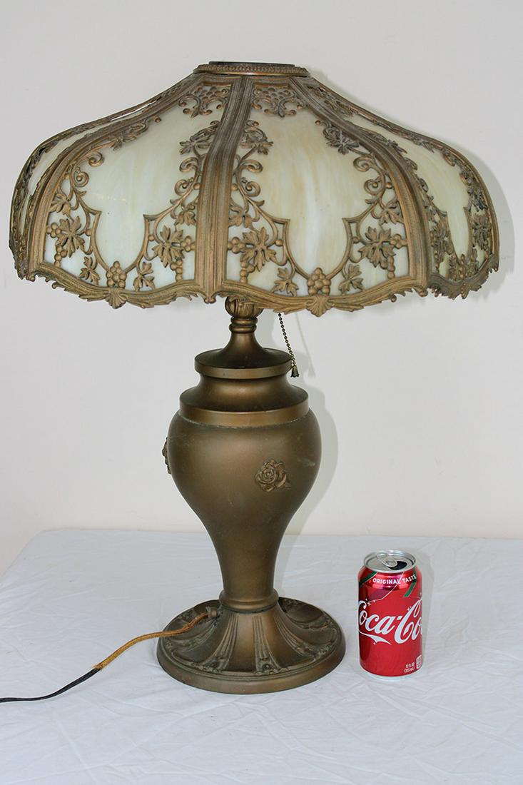 Large 19" Panel Lamp: Large 19" curved panel lamp with caramel slag and nice filigree shade marked S. B. (Sails Bros) 19" wide, 25" tall.