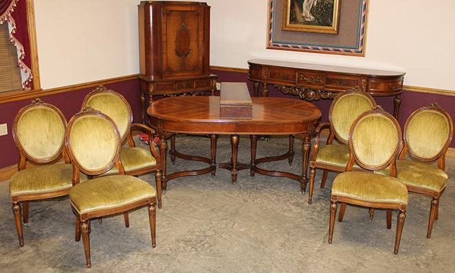 Fabulous 9 Piece Irwin Inlaid Dining Room Set: Fabulous 9 piece signed Robert Irwin rosewood inlaid pinning room set consisting of 67x44 dining room table with (2) 11" leaves, a set of (6) matching chairs (a couple of chips on back of chair), a fa