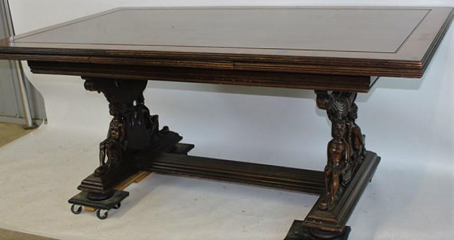 Refractory Dining Table with Nude Women Supports: Super carved walnut refractory table with pull out ends, rosewood inlay and full nude female supports with dolphins. 72" wide, 30" tall, 42" deep.
