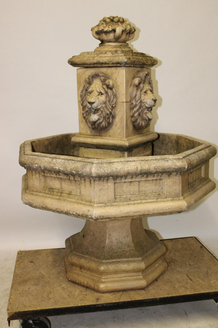 Large Vintage Concrete Fountain with Lions: Large vintage concrete fountain with lion head and basket of fruit on top. Comes apart for easy moving. 36" wide, 49" tall.