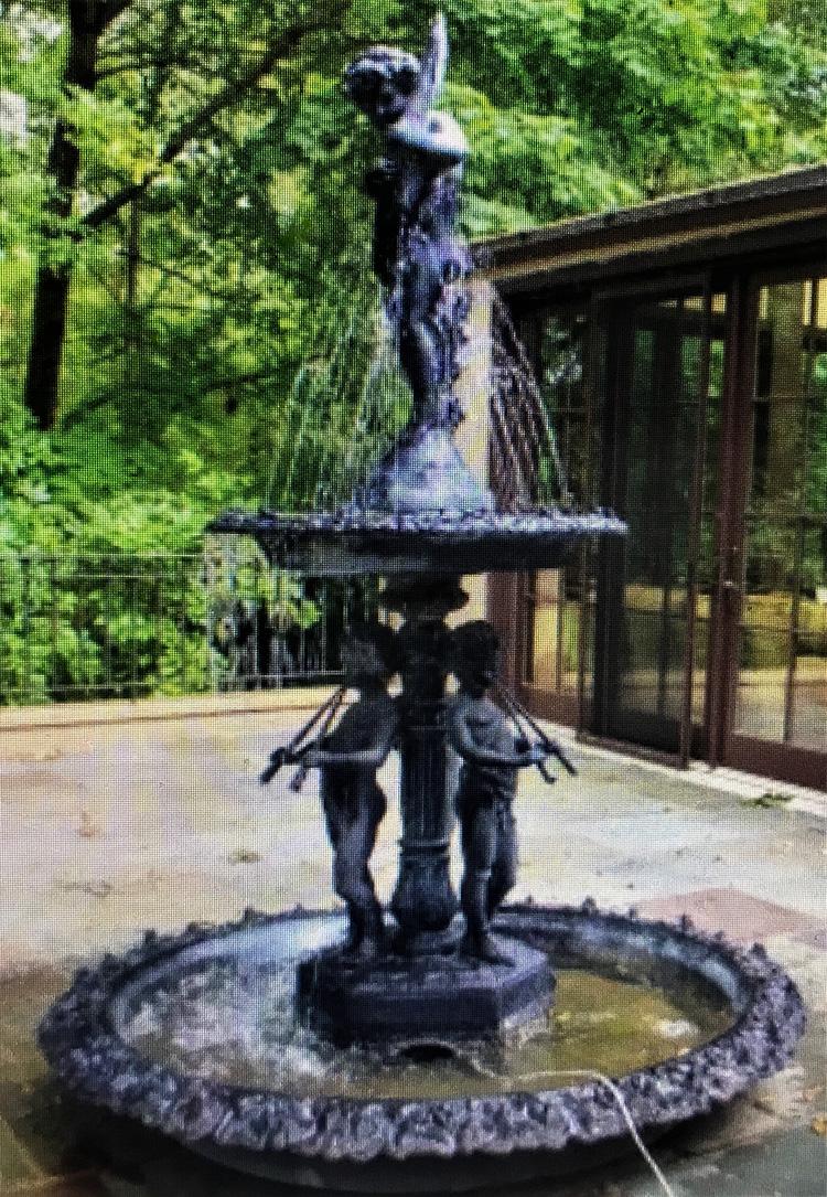 2 Tier Garden Fountain: Important 2 tier garden fountain of pans blowing horns and boy with a fish.104 inches tall and 70 inches wide.