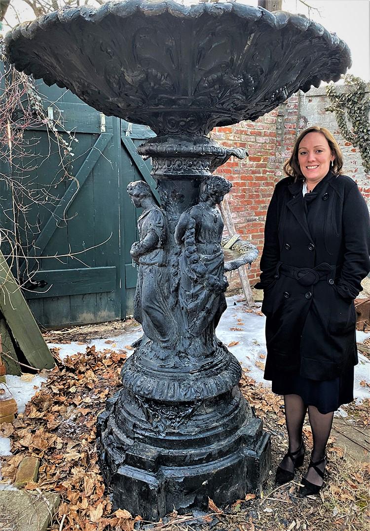 Monumental 3 Piece Fountain - Appr. 7': Monumental Victorian cast iron 3 grace fountain with massive bowl. From estate in Schenectady, NY. Appr. 7' tall, 5' bowl.