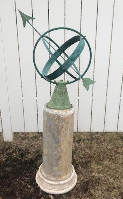 Antique Armillary on Stone: Antique armillary on stone base in old green paint with mythological figures on base.24" wide, 62" tall.