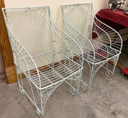 Pair of Wrought Iron Gothic Garden Chairs: Pair of wrought iron gothic style garden chairs. 19" wide, 34" tall, 17" seat.