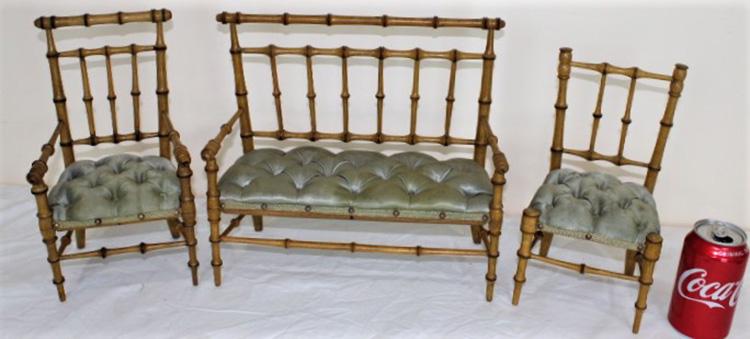 Rare Faux Bamboo Salesman Sample Sofa Set: Extremely rare faux bamboo salesman sample sofa set in a mint original finish and original silk tufted upholstery. Impossible to find. Sofa is 12" long.