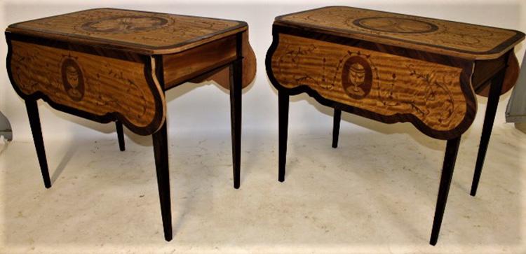 Pair of Custom Marquetry Inlaid Tables: Pair of custom marquetry inlaid drop leaf tables with rosewood and satinwood inlay. 33" wide, 28" tall, 20" deep.