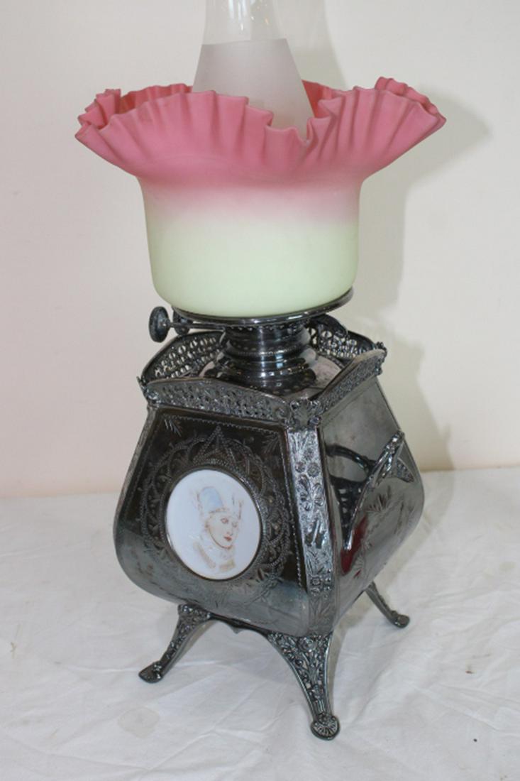 Super Aesthetic Lamp with Burmese Shade: Super aesthetic oil lamp with Burmese shade and plaques. Never electrified. 8" wide, 19" tall.